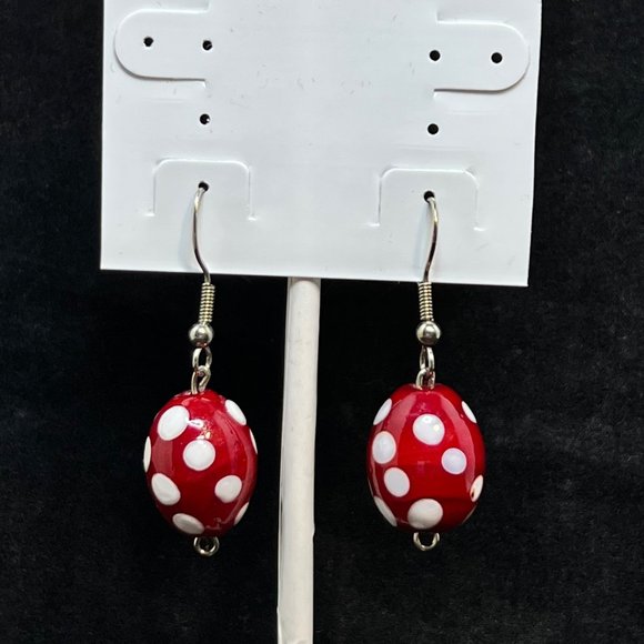 Unbtanded Jewelry - Silver Tone With Red & White Polka Dot Blown Glass Beads Pierced Earrings (3648)
